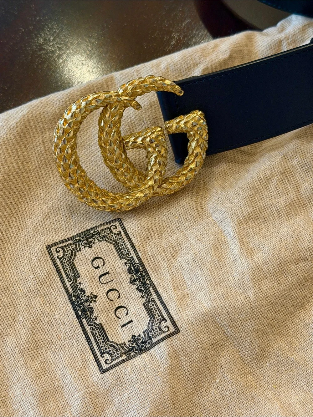 Gucci Black Leather Belt with Braided Gold Double G Buckle